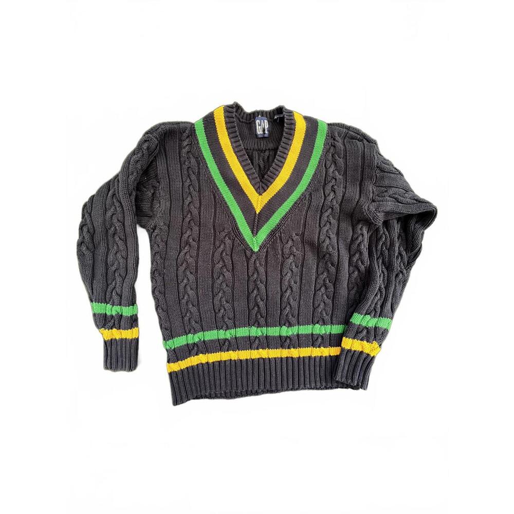 GAP VTG Men's Cable Knit V-Neck Sweater with Stripes